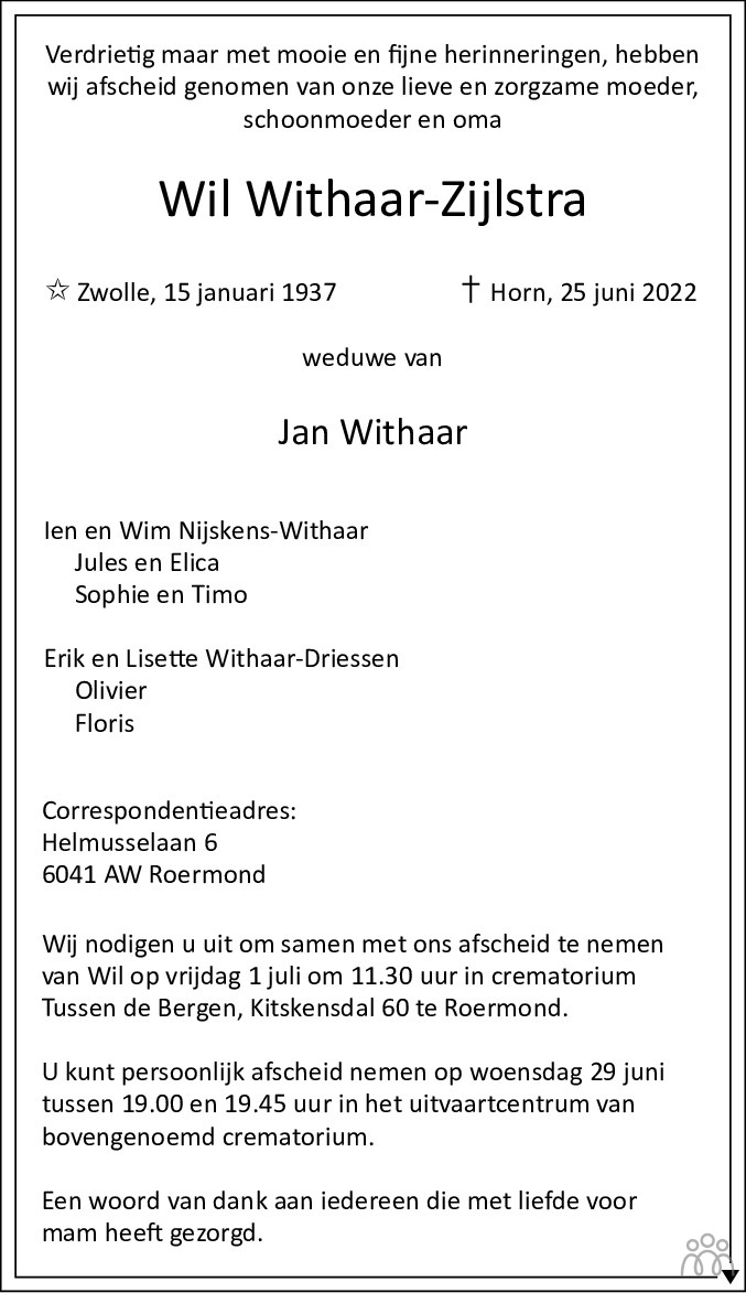 Overlijdensbericht van Wil Withaar-Zijlstra in De Limburger