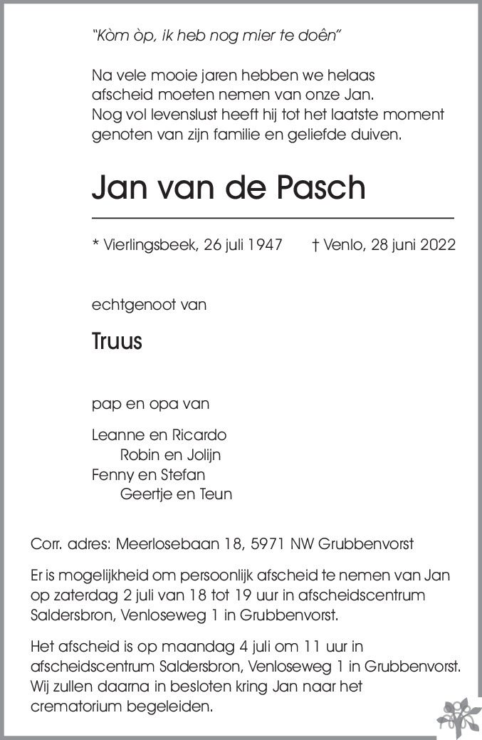 Overlijdensbericht van Jan van de Pasch in De Limburger