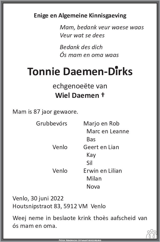 Overlijdensbericht van Tonnie Daemen-Dirks in De Limburger