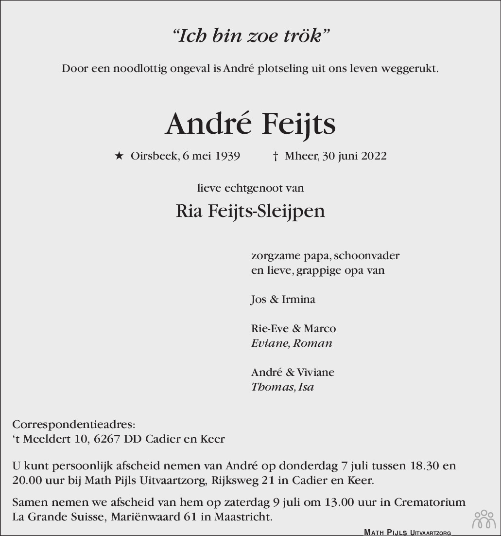 André Feijts 30062022 overlijdensbericht en condoleances Mensenlinq.nl