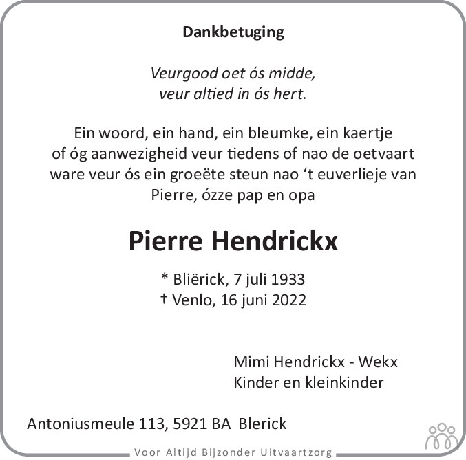 Overlijdensbericht van Pierre Hendrickx in De Limburger