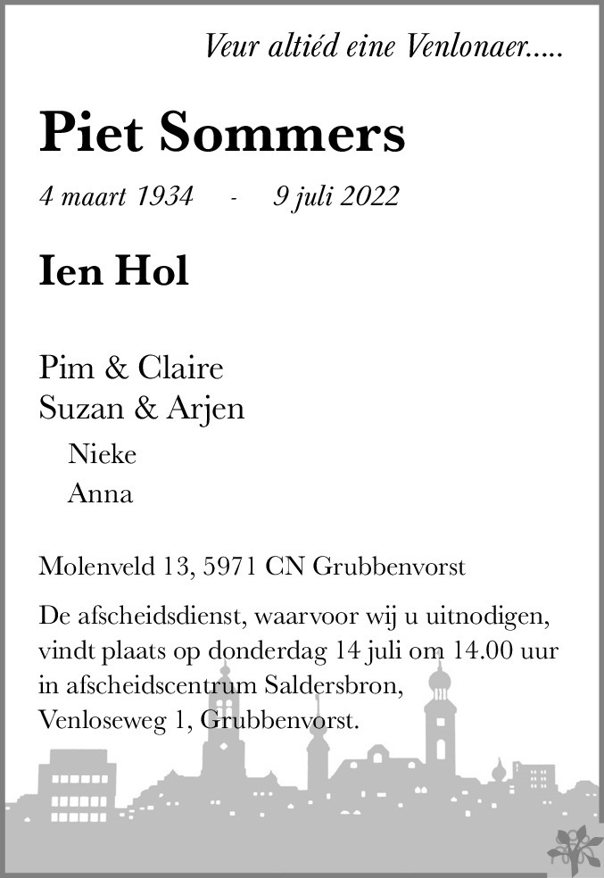 Overlijdensbericht van Piet Sommers in De Limburger