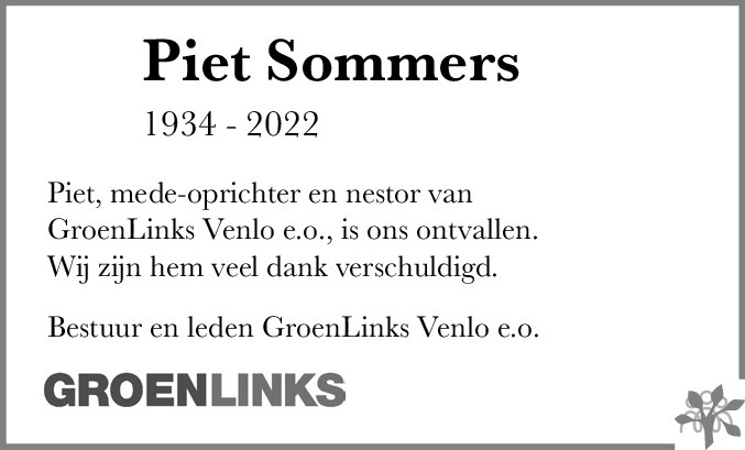 Overlijdensbericht van Piet  Sommers in De Limburger
