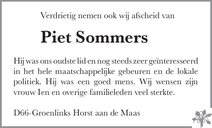 Overlijdensbericht van Piet Sommers in De Limburger