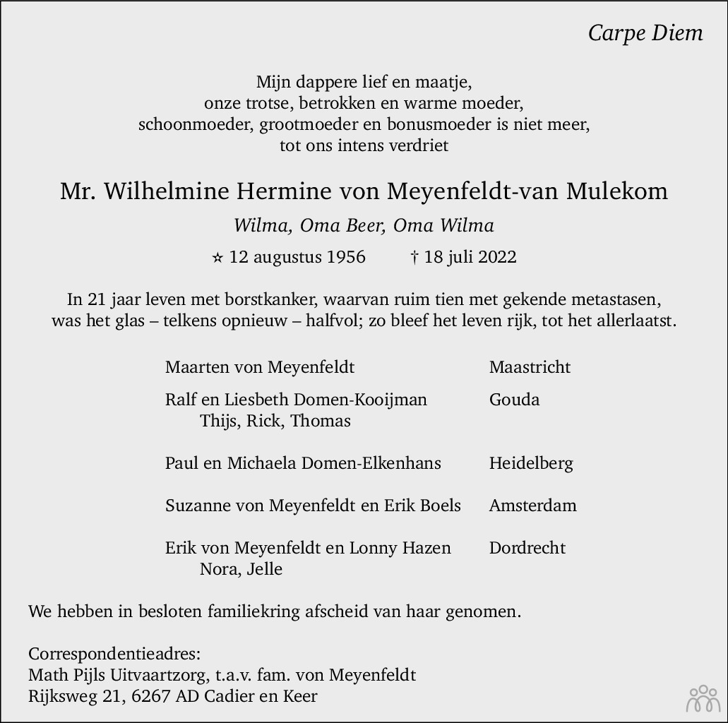 Overlijdensbericht van Wilhelmine Hermine von Meyenfeldt-van Mulekom in De Limburger