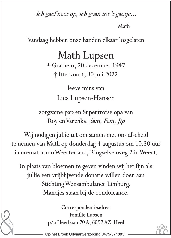 Overlijdensbericht van Math Lupsen in De Limburger