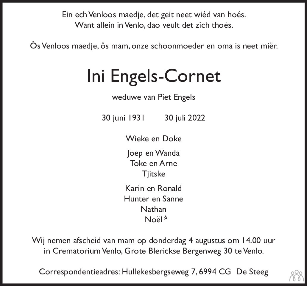Overlijdensbericht van Ini Engels-Cornet in De Limburger