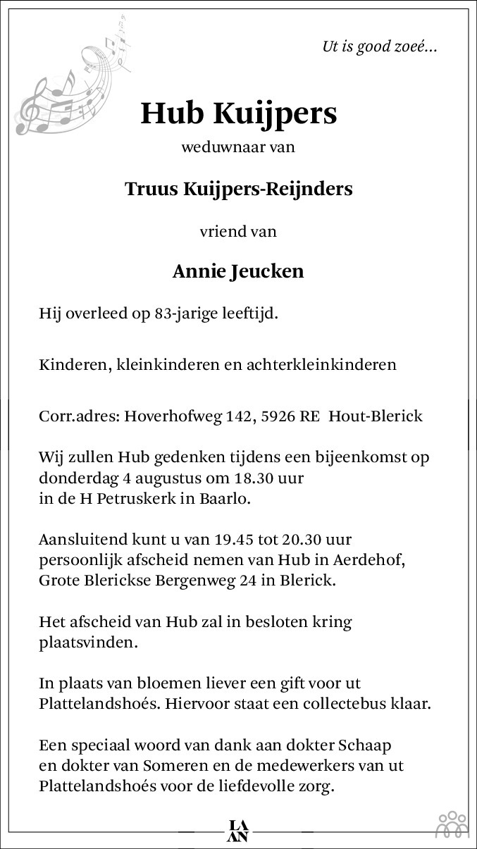Overlijdensbericht van Hub Kuijpers in De Limburger