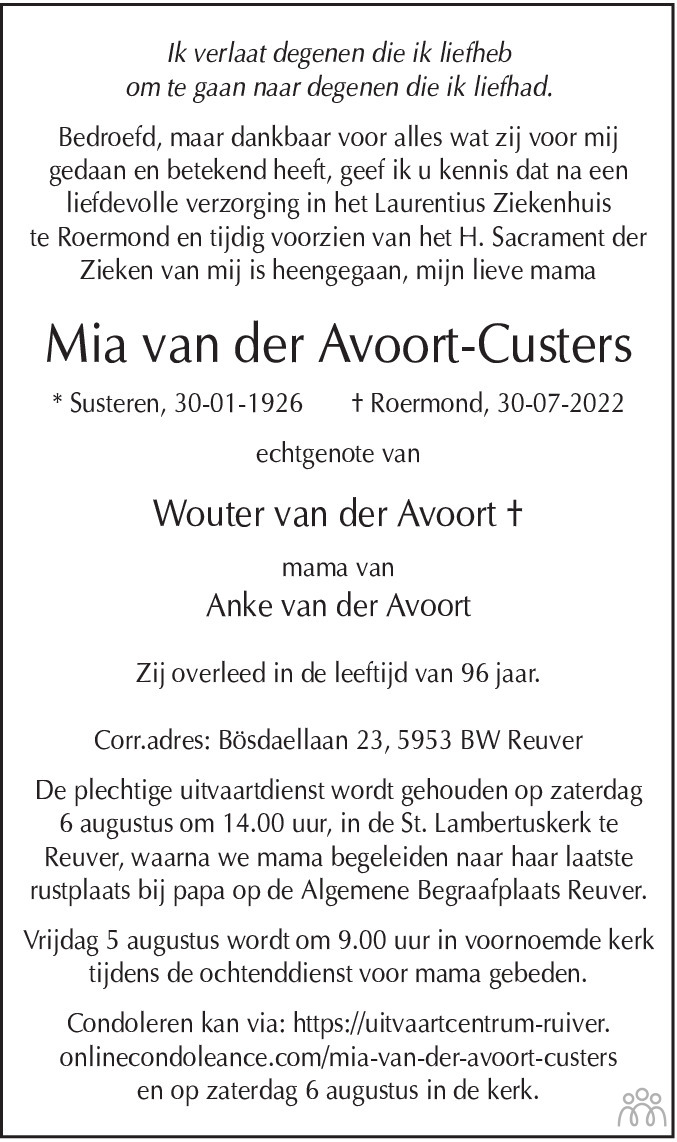 Overlijdensbericht van Mia van der Avoort-Custers in De Limburger