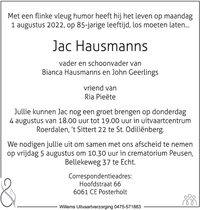 Overlijdensbericht van Jac  Hausmanns in De Limburger