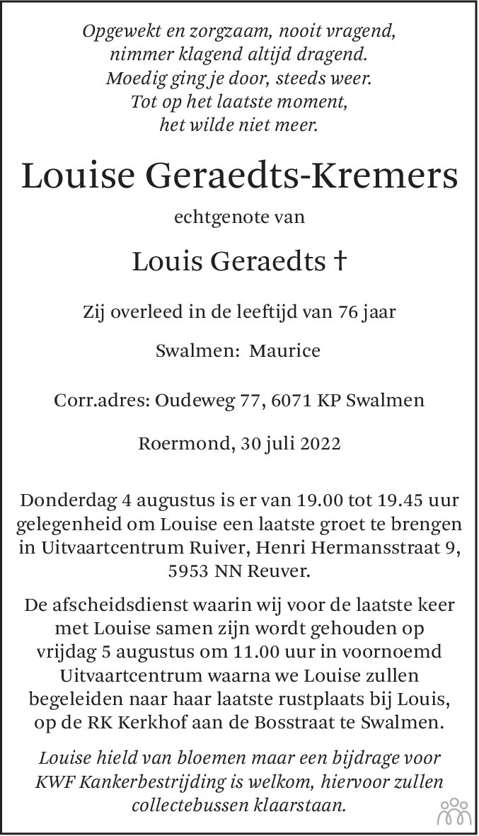 Overlijdensbericht van Louise Geraedts-Kremers in De Limburger