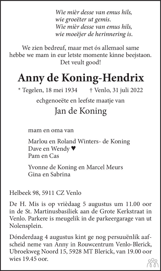 Overlijdensbericht van Anny de Koning-Hendrix in De Limburger