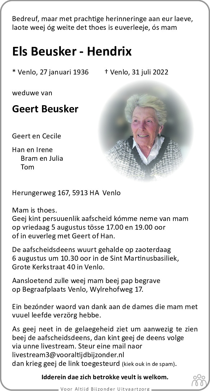Overlijdensbericht van Els de Beusker-Hendrix in De Limburger