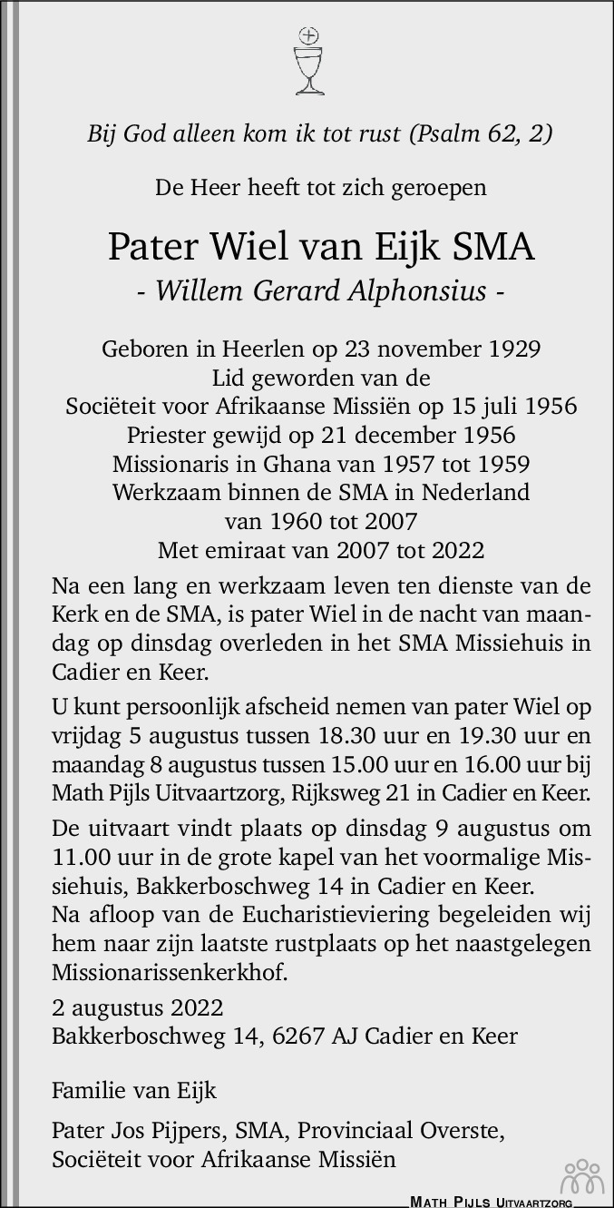 Overlijdensbericht van Pater Wiel (Willem Gerard Alphonsius) van Eijk in De Limburger