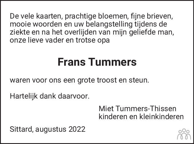 Overlijdensbericht van Frans Tummers in De Limburger