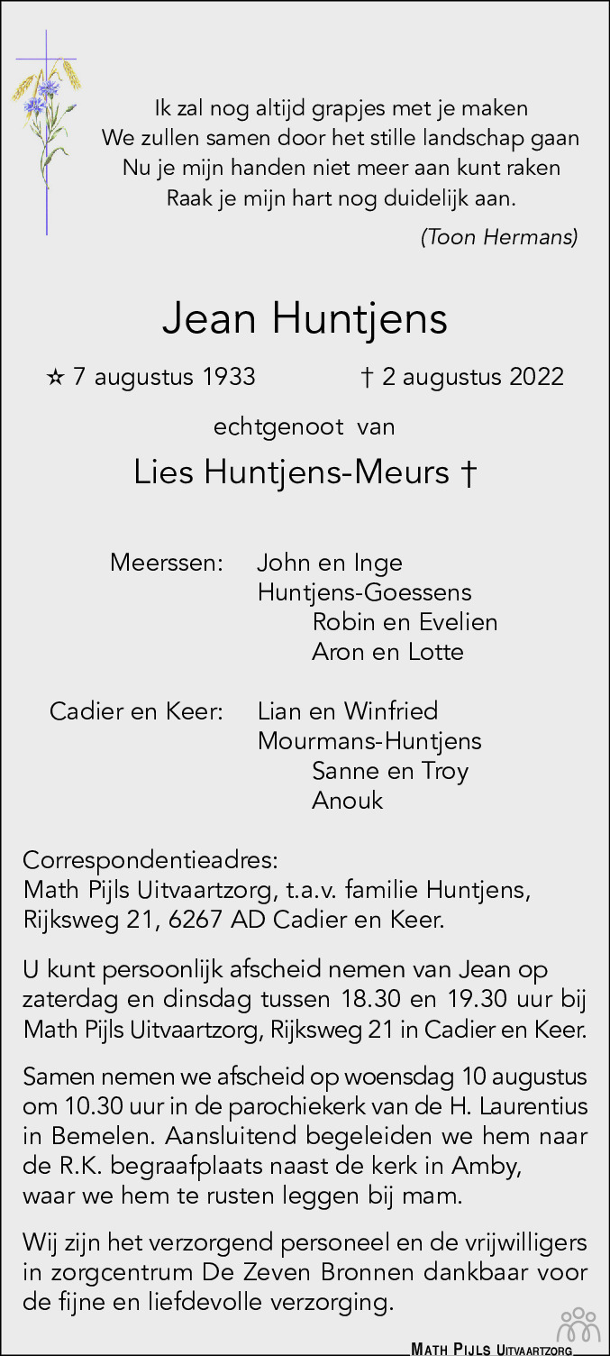 Overlijdensbericht van Jean Huntjens in De Limburger