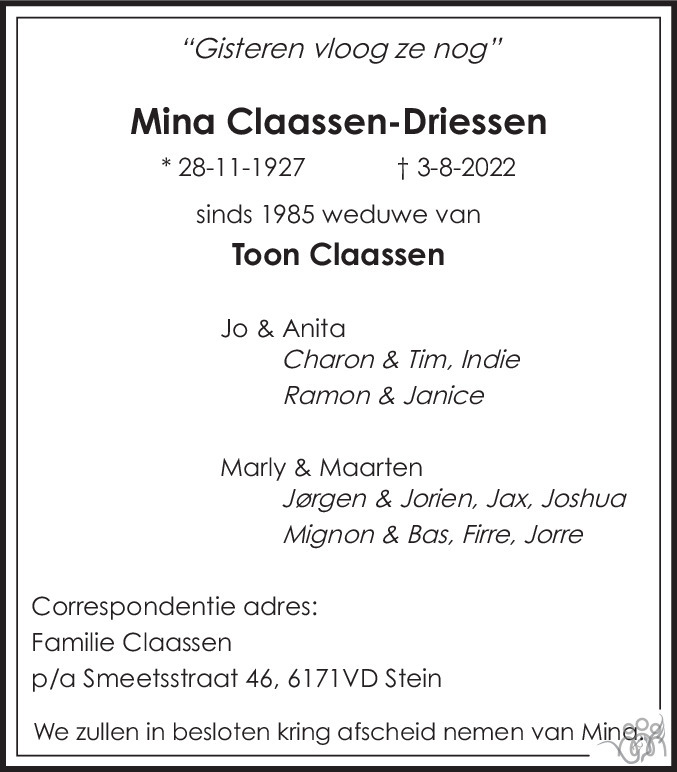Overlijdensbericht van Mina  Claassen-Driessen in De Limburger