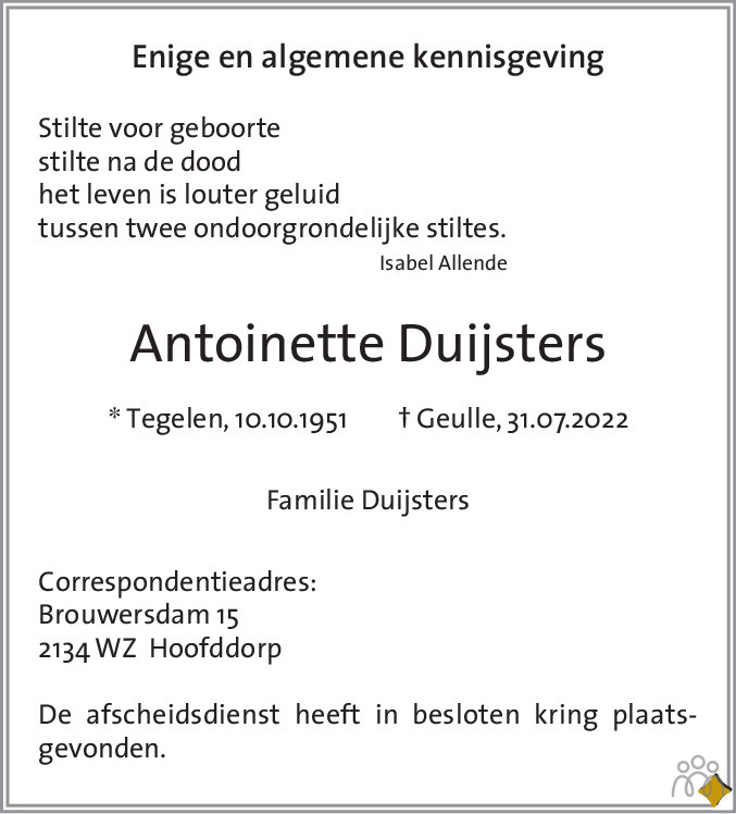 Overlijdensbericht van Antoinette Duijsters in De Limburger