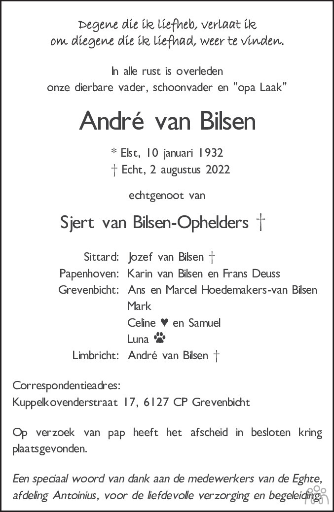 Overlijdensbericht van André van Bilsen in De Limburger
