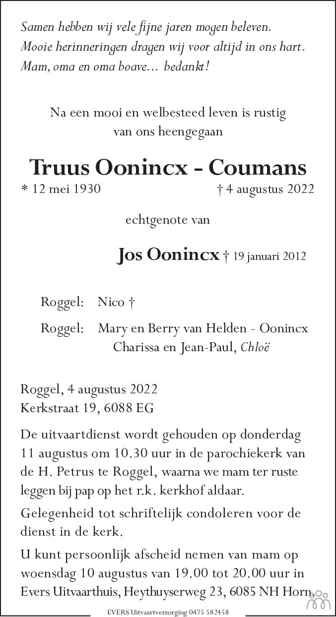 Overlijdensbericht van Truus Oonincx-Coumans in De Limburger