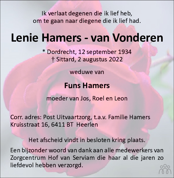 Overlijdensbericht van Lenie  Hamers-van Vonderen in De Limburger