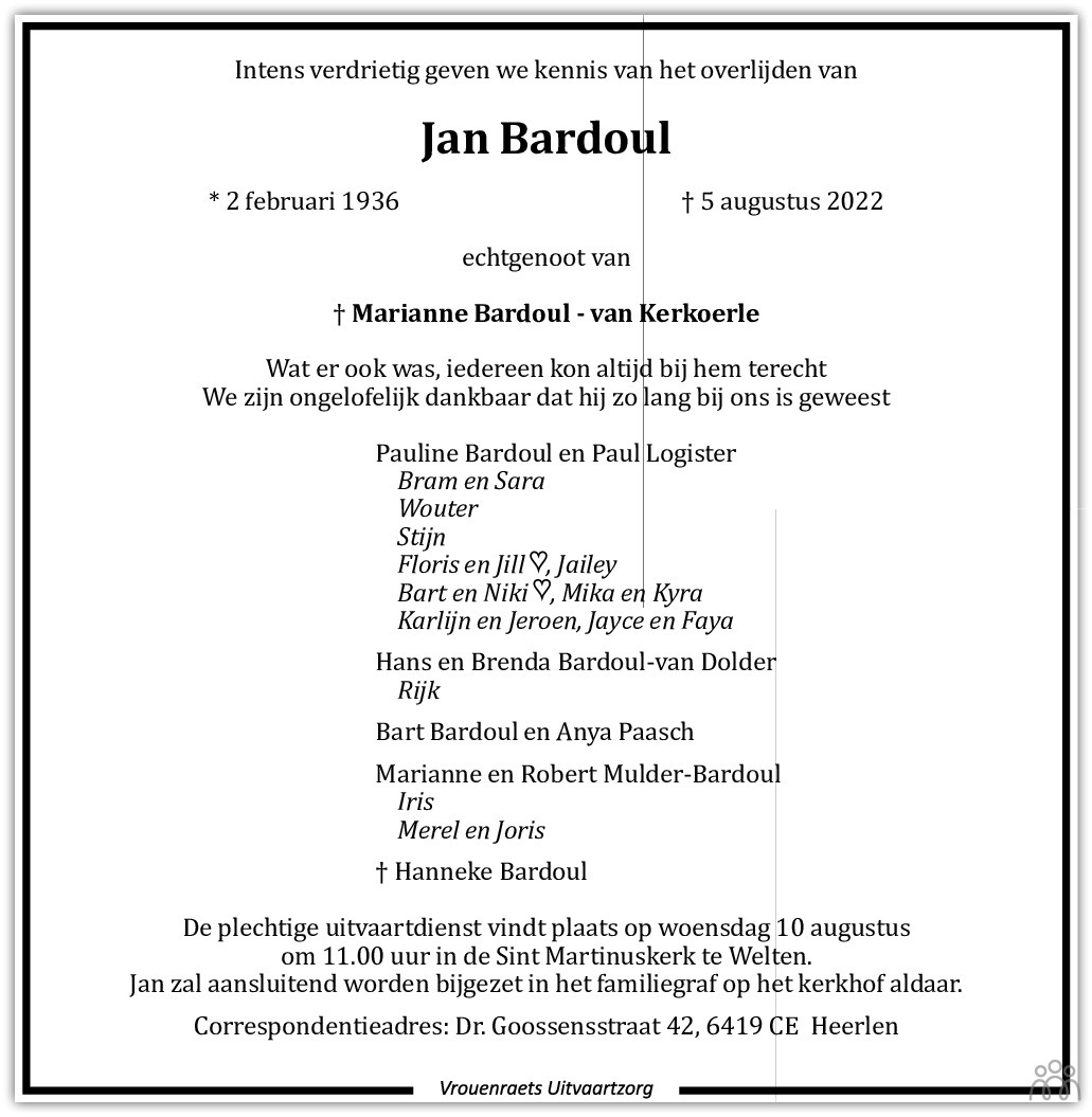 Overlijdensbericht van Jan Bardoul in De Limburger