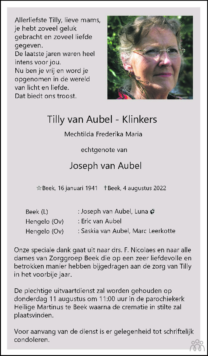 Overlijdensbericht van Tilly (Mechtilda Frederika Maria) van Aubel-Klinkers in De Limburger