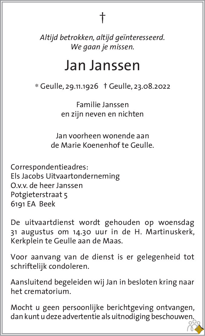 Jan Janssen 23-08-2022 overlijdensbericht en condoleances - Mensenlinq.nl