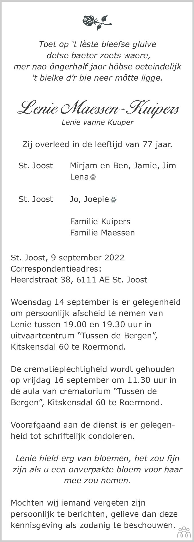 Lenie Maessen Kuipers 09 09 2022 Overlijdensbericht En Condoleances 
