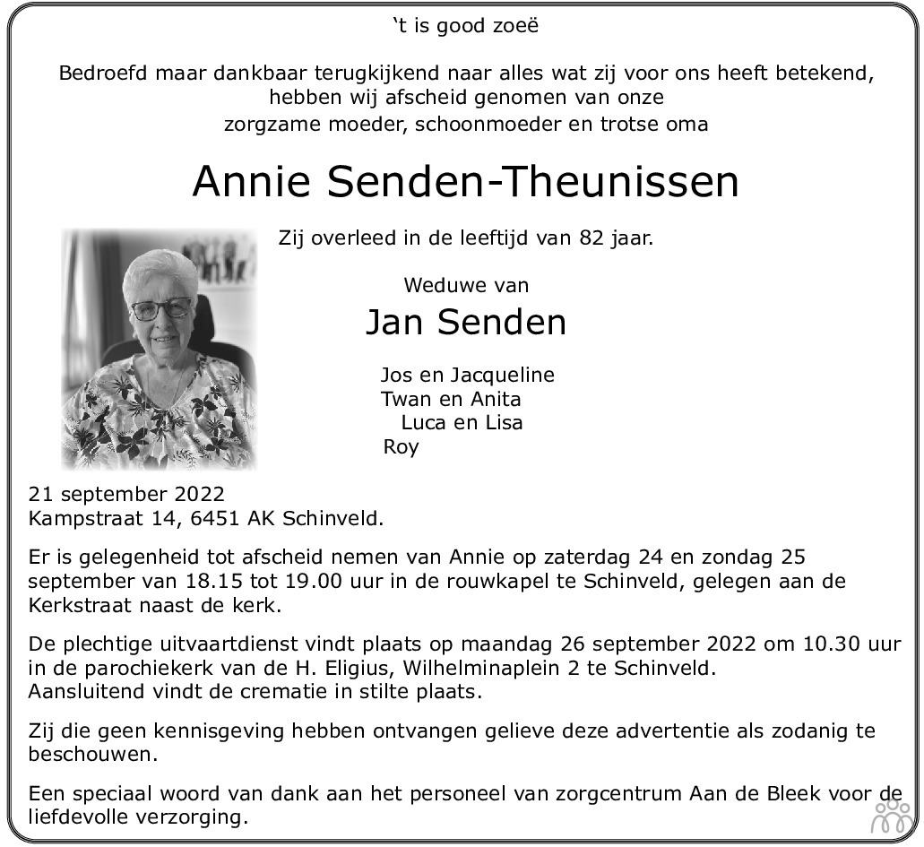 Overlijdensbericht van Annie Senden-Theunissen in De Limburger