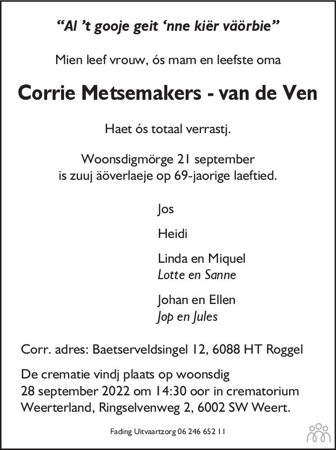 Overlijdensbericht van Corrie Metsemakers-van de Ven in De Limburger