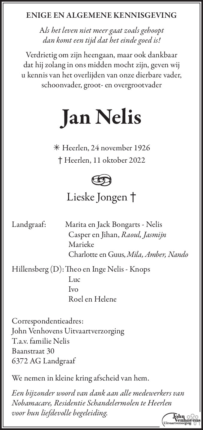 Jan Nelis 11102022 overlijdensbericht en condoleances Mensenlinq.nl