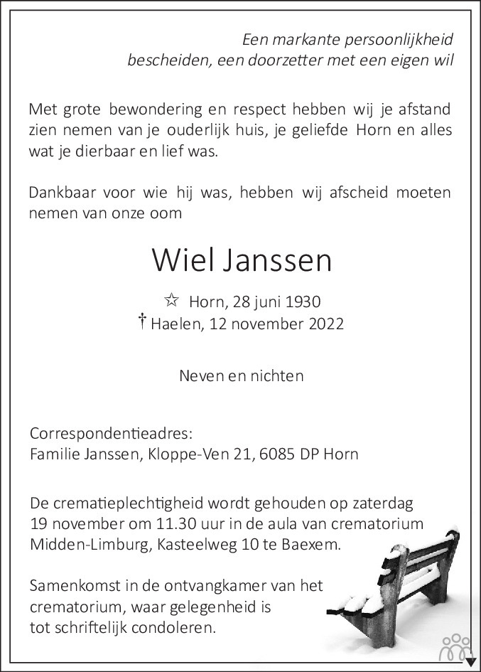 Wiel Janssen 12 11 2022 Overlijdensbericht En Condoleances Mensenlinq nl