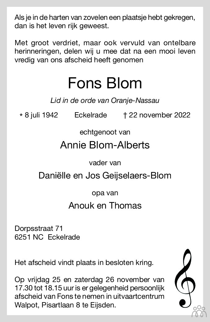 Overlijdensbericht van Fons Blom in De Limburger