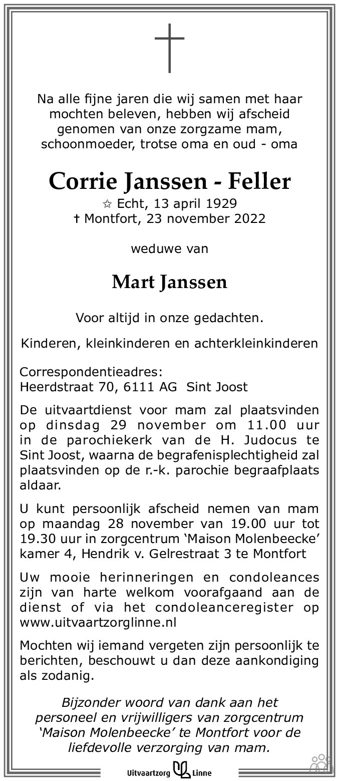 Corrie Janssen-Feller 23-11-2022 overlijdensbericht en condoleances ...