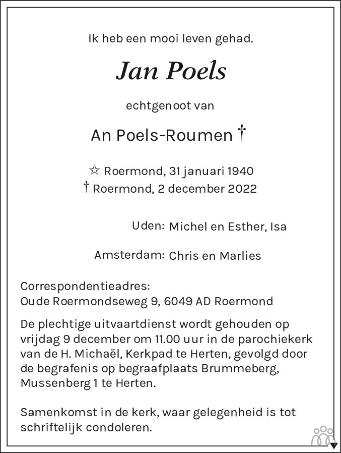 Jan Poels 02122022 overlijdensbericht en condoleances Mensenlinq.nl