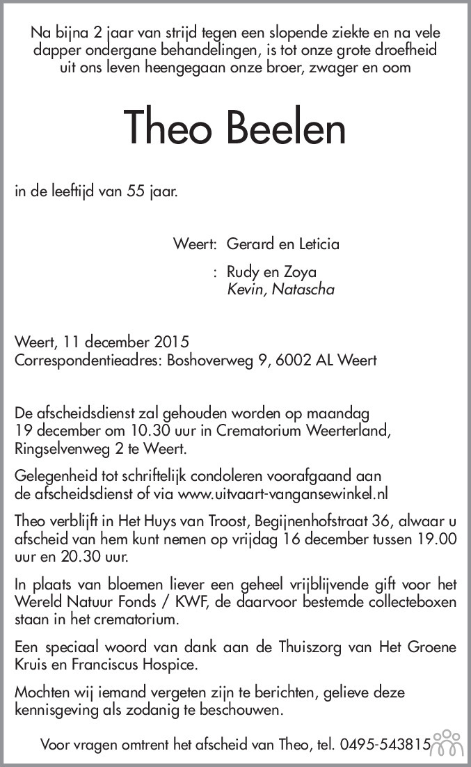 Theo Beelen 11 12 2022 Overlijdensbericht En Condoleances Mensenlinq nl