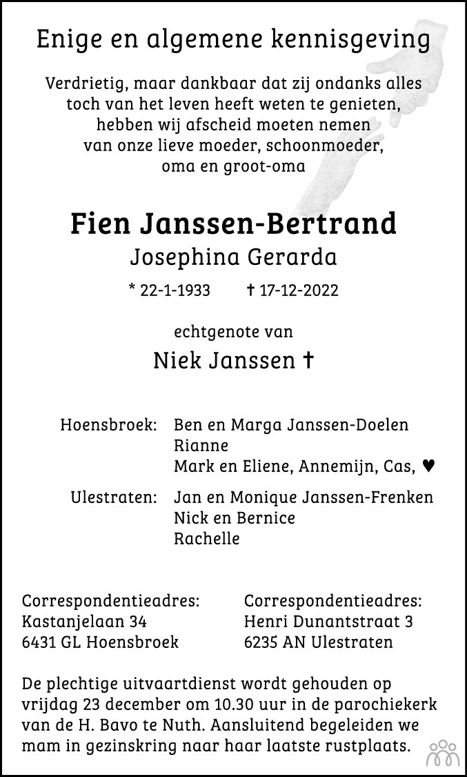 Fien (Josephina Gerarda) Janssen-Bertrand 17-12-2022 overlijdensbericht ...