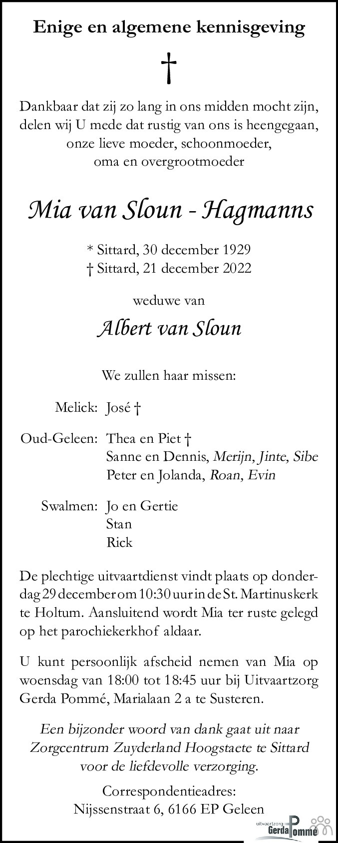 Mia van Sloun-Hagmanns 21-12-2022 overlijdensbericht en condoleances ...