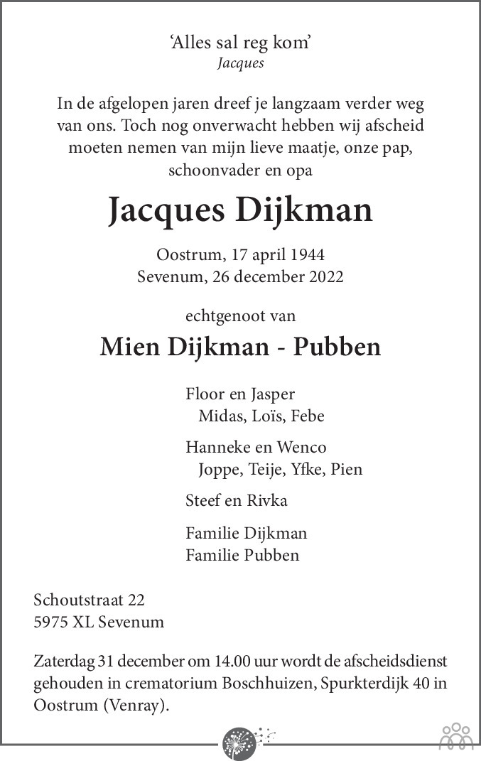 Jacques Dijkman 26-12-2022 overlijdensbericht en condoleances ...