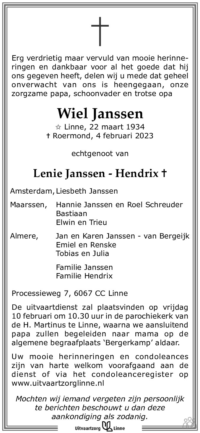 Wiel Janssen 04 02 2023 Overlijdensbericht En Condoleances Mensenlinq nl
