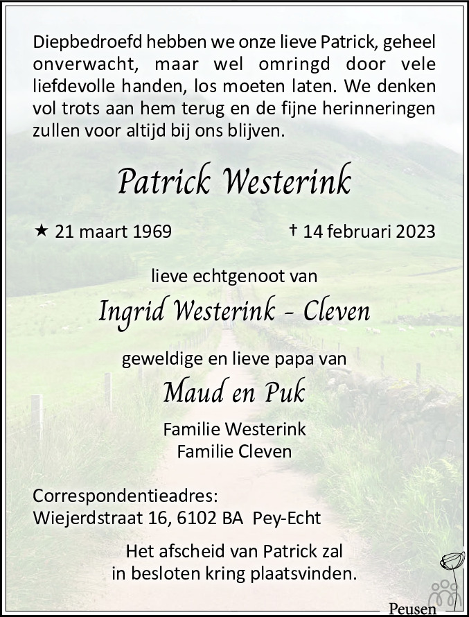 Patrick Westerink 14-02-2023 overlijdensbericht en condoleances