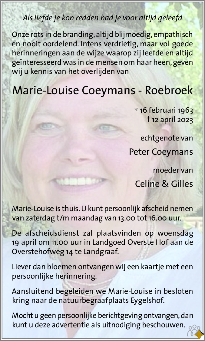 Marie Louise Coeymans Roebroek Overlijdensbericht En