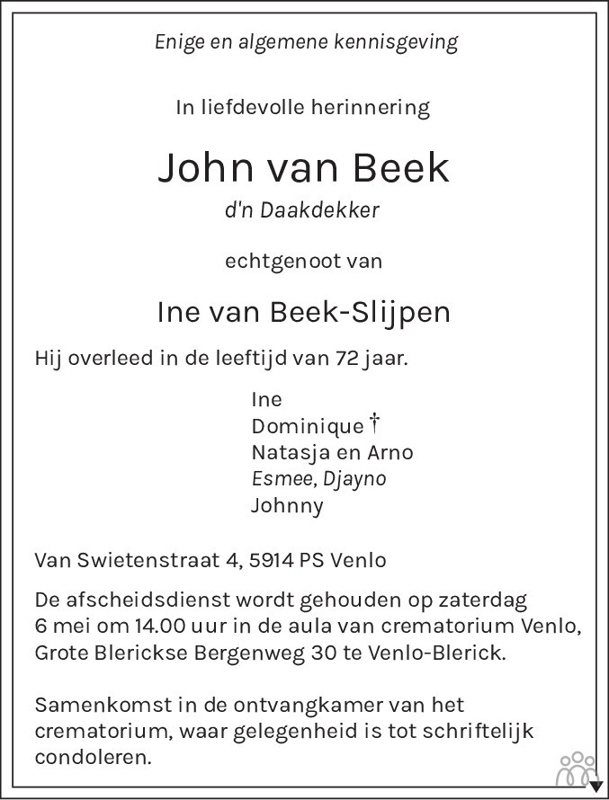 John van Beek 01-05-2023 overlijdensbericht en condoleances - Mensenlinq.nl