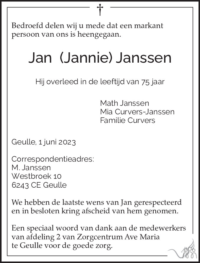 Jan (Jannie) Janssen 01-06-2023 overlijdensbericht en condoleances ...