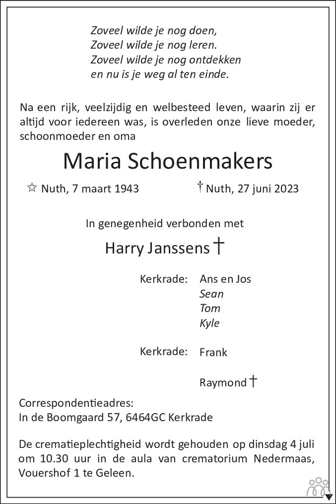 Maria Schoenmakers 27 06 2023 Overlijdensbericht En Condoleances Mensenlinq Nl