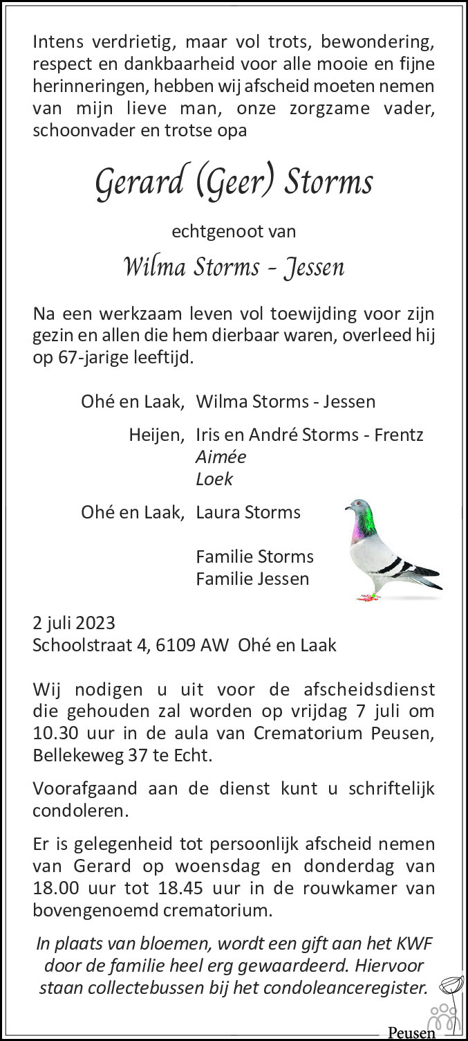 Overlijdensbericht van Geer (Gerard) Storms in De Limburger