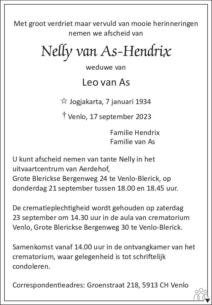 Overlijdensbericht van Nelly  As-Hendrix in De Limburger