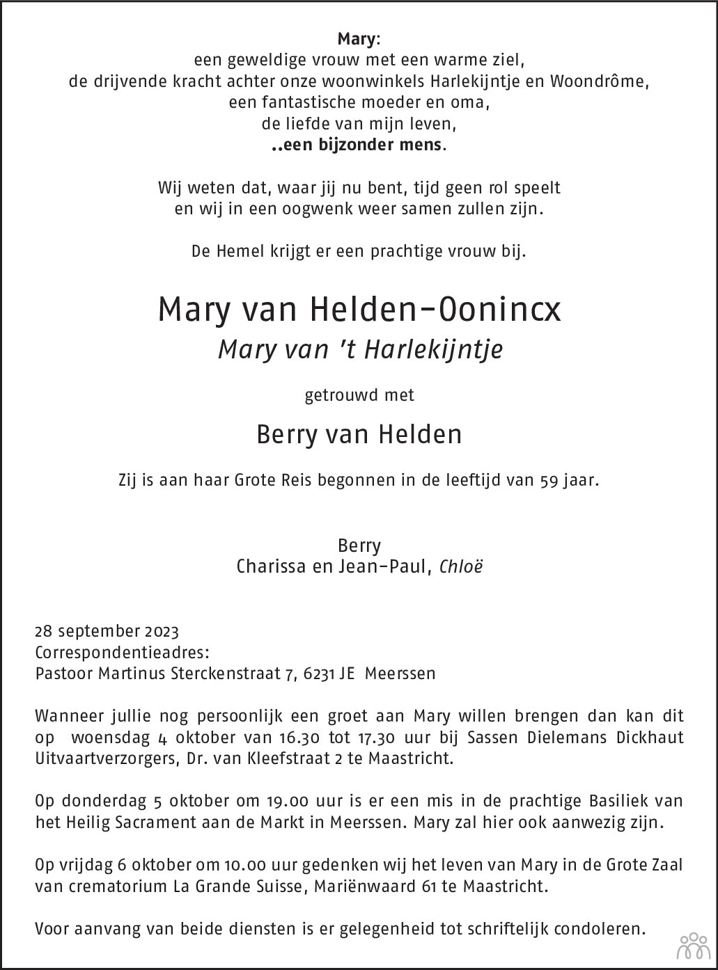 Mary van Helden-Oonincx ✝ 28-09-2023 overlijdensbericht en condoleances -  Mensenlinq.nl