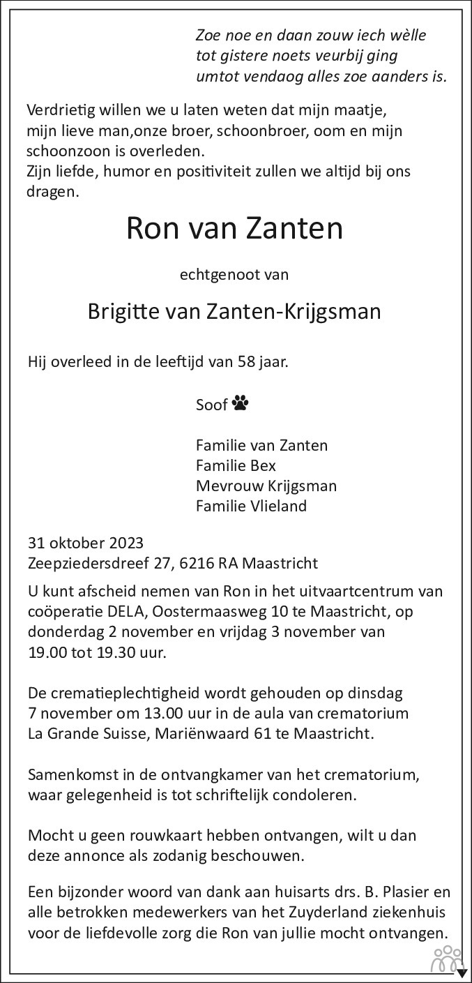 Ron Van Zanten 31-10-2023 Overlijdensbericht En Condoleances 